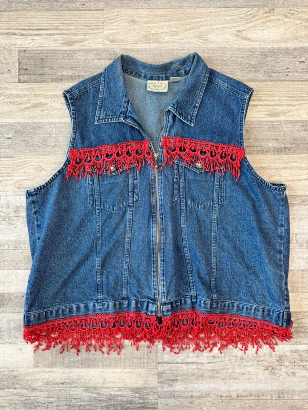 Vintage Khaki Rose Denim Zip Vest Size 2X Red, Crochet Lace, Western K32